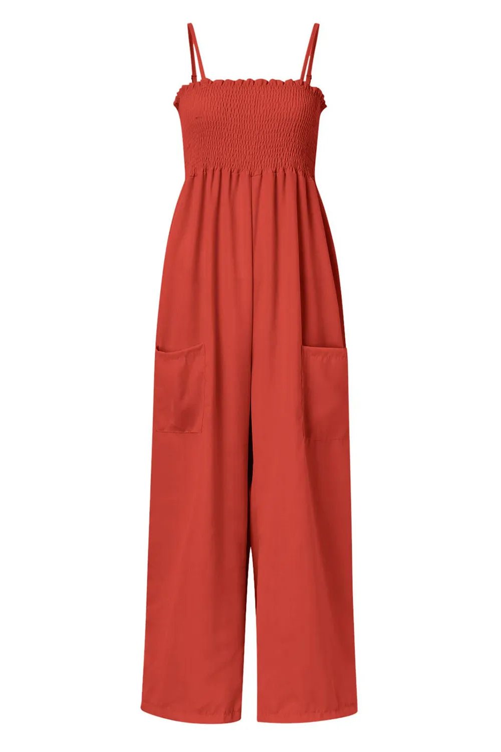 Women’s Smocked Spaghetti Strap Wide Leg Jumpsuit | CozyFits in Orange - Red
