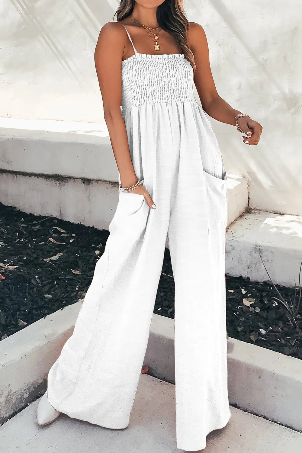 Women’s Smocked Spaghetti Strap Wide Leg Jumpsuit | CozyFits in White