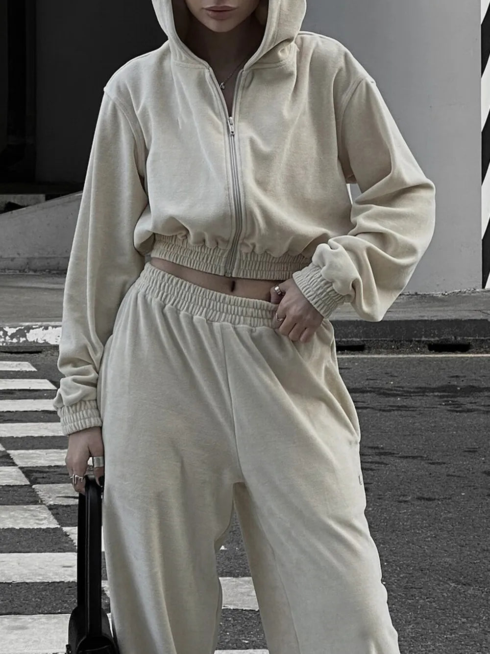 Zip Up Hoodie and Pocketed Pants Set | CozyFits in Apricot