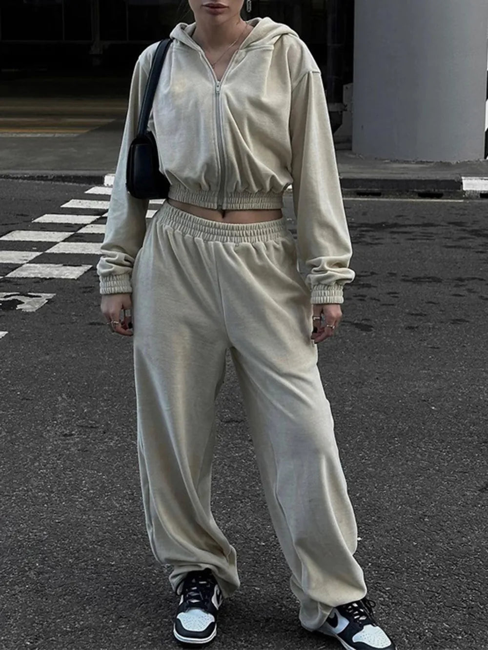 Zip Up Hoodie and Pocketed Pants Set | CozyFits in Apricot