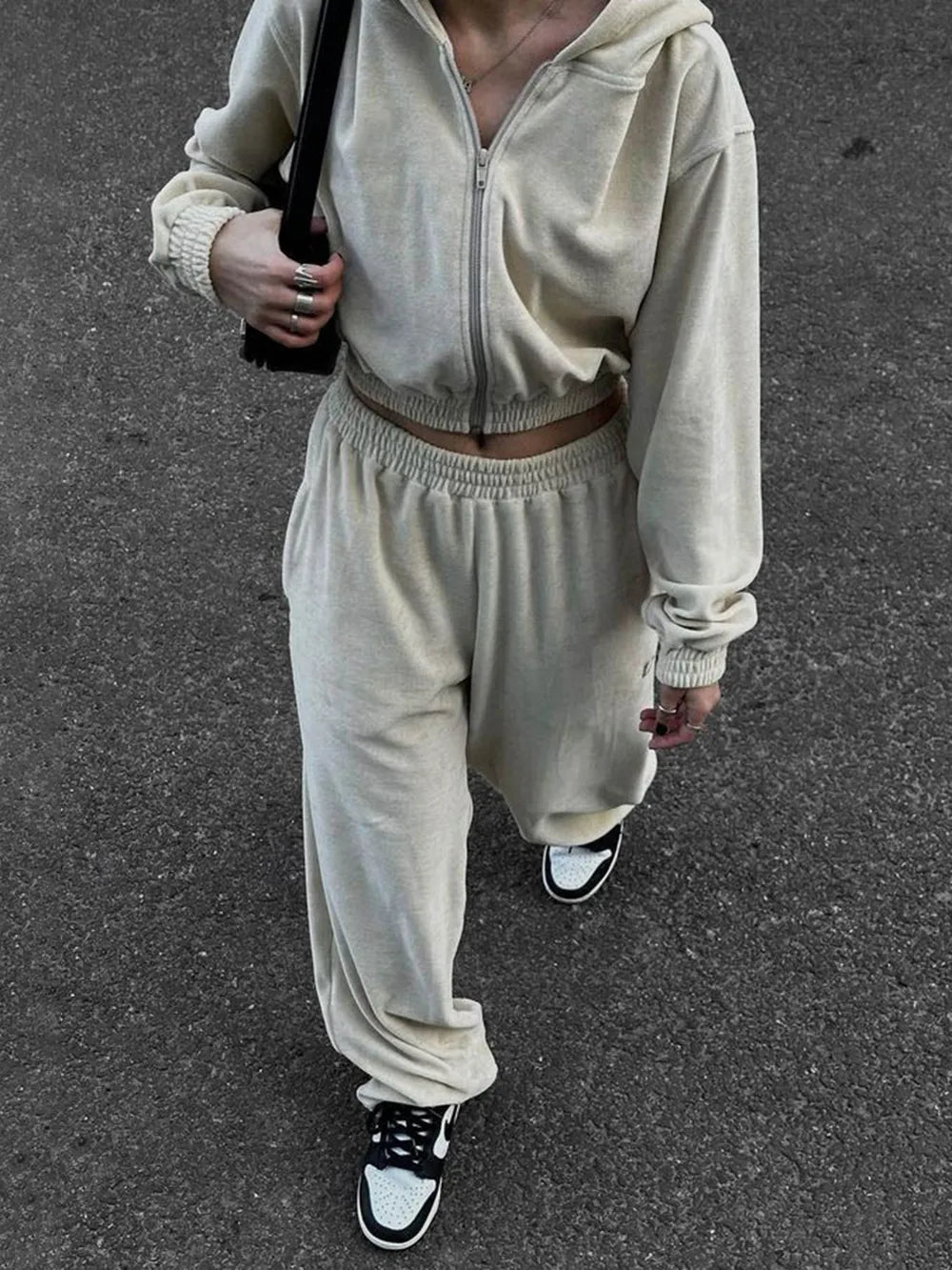 Zip Up Hoodie and Pocketed Pants Set | CozyFits in Apricot