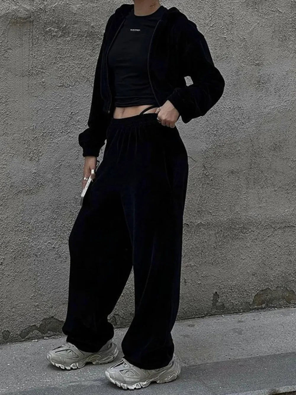 Zip Up Hoodie and Pocketed Pants Set | CozyFits in Black