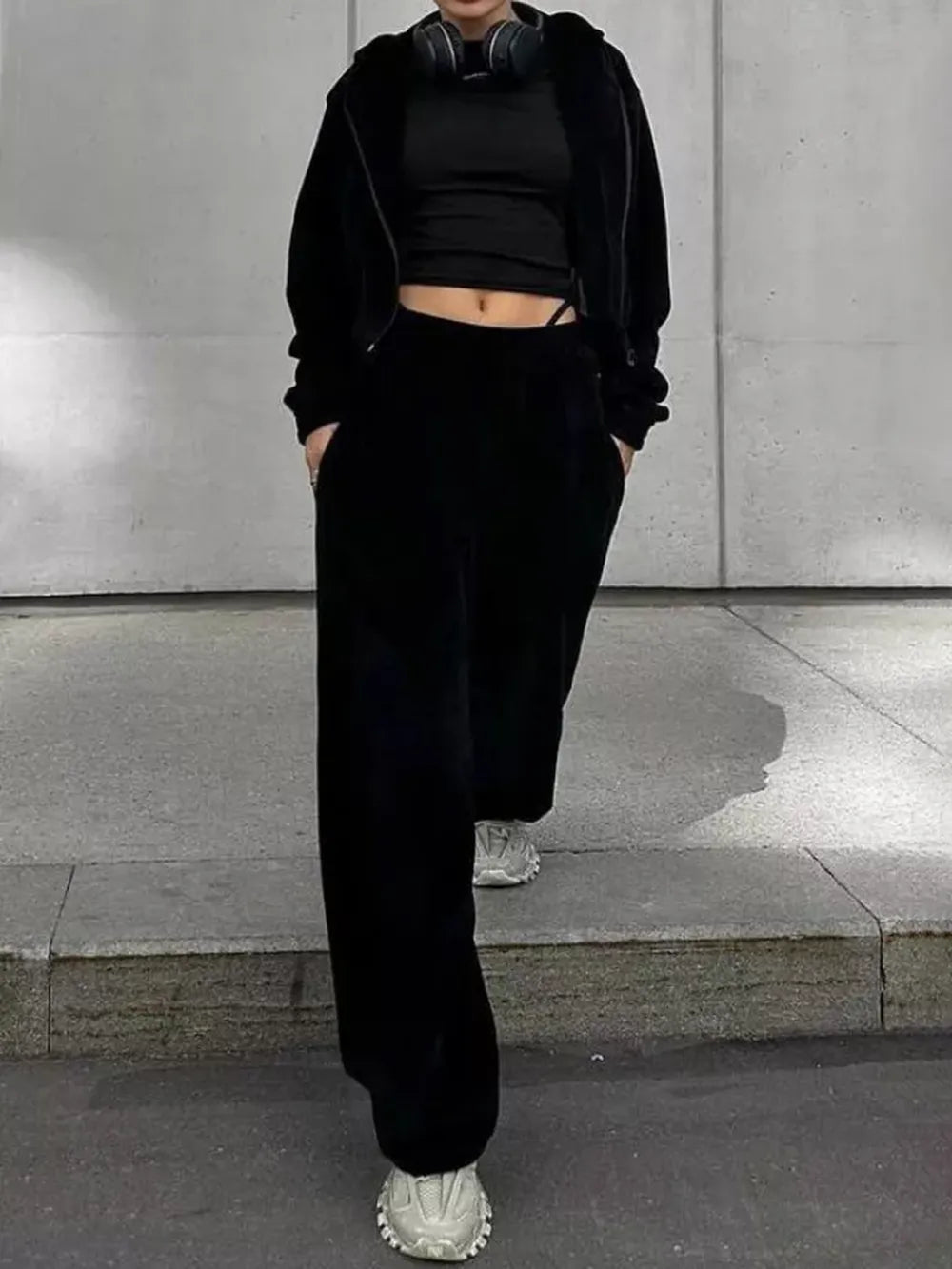 Zip Up Hoodie and Pocketed Pants Set | CozyFits in Black