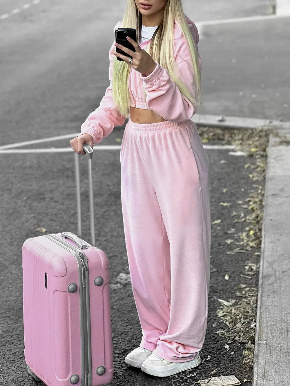 Zip Up Hoodie and Pocketed Pants Set | CozyFits in Dusty Pink