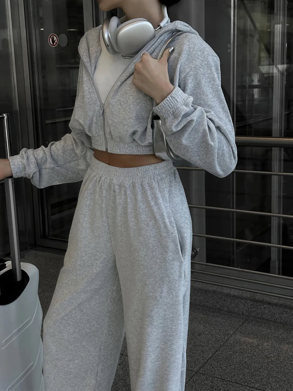 Zip Up Hoodie and Pocketed Pants Set | CozyFits in Light Gray