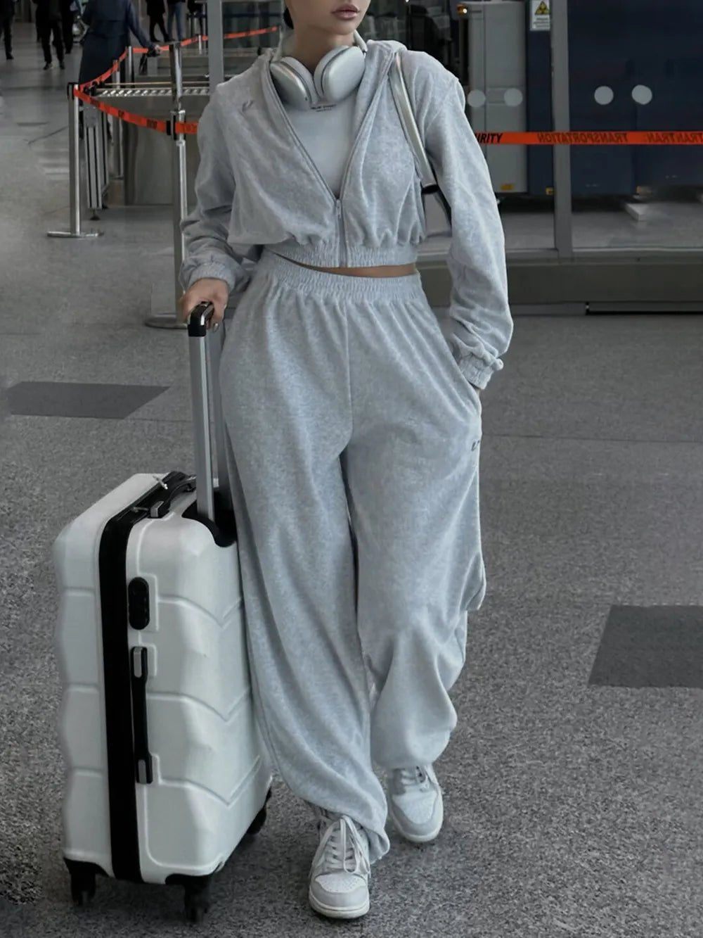Zip Up Hoodie and Pocketed Pants Set | CozyFits in Light Gray