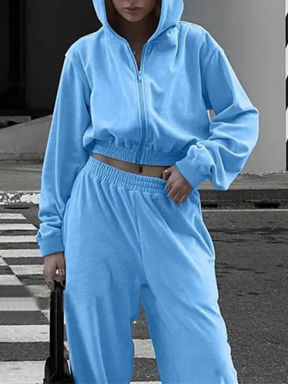 Zip Up Hoodie and Pocketed Pants Set | CozyFits in Pastel Blue