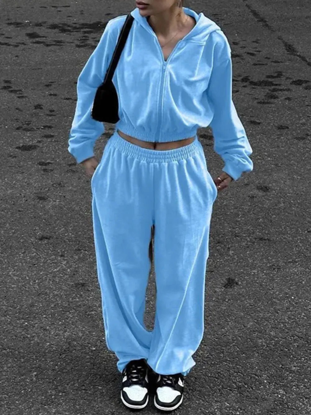 Zip Up Hoodie and Pocketed Pants Set | CozyFits in Pastel Blue