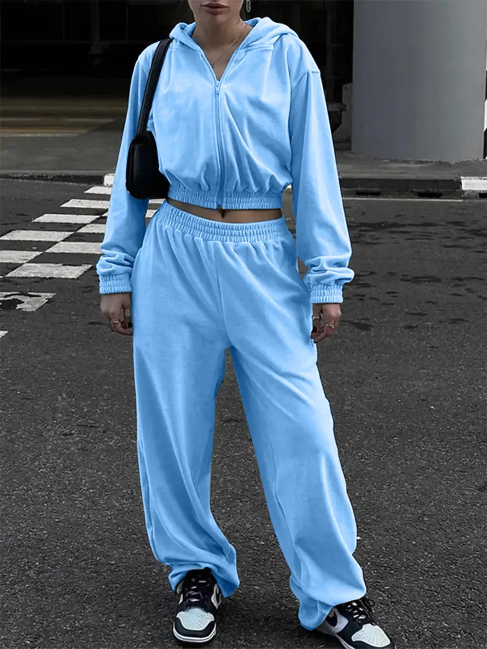 Zip Up Hoodie and Pocketed Pants Set | CozyFits in Pastel Blue