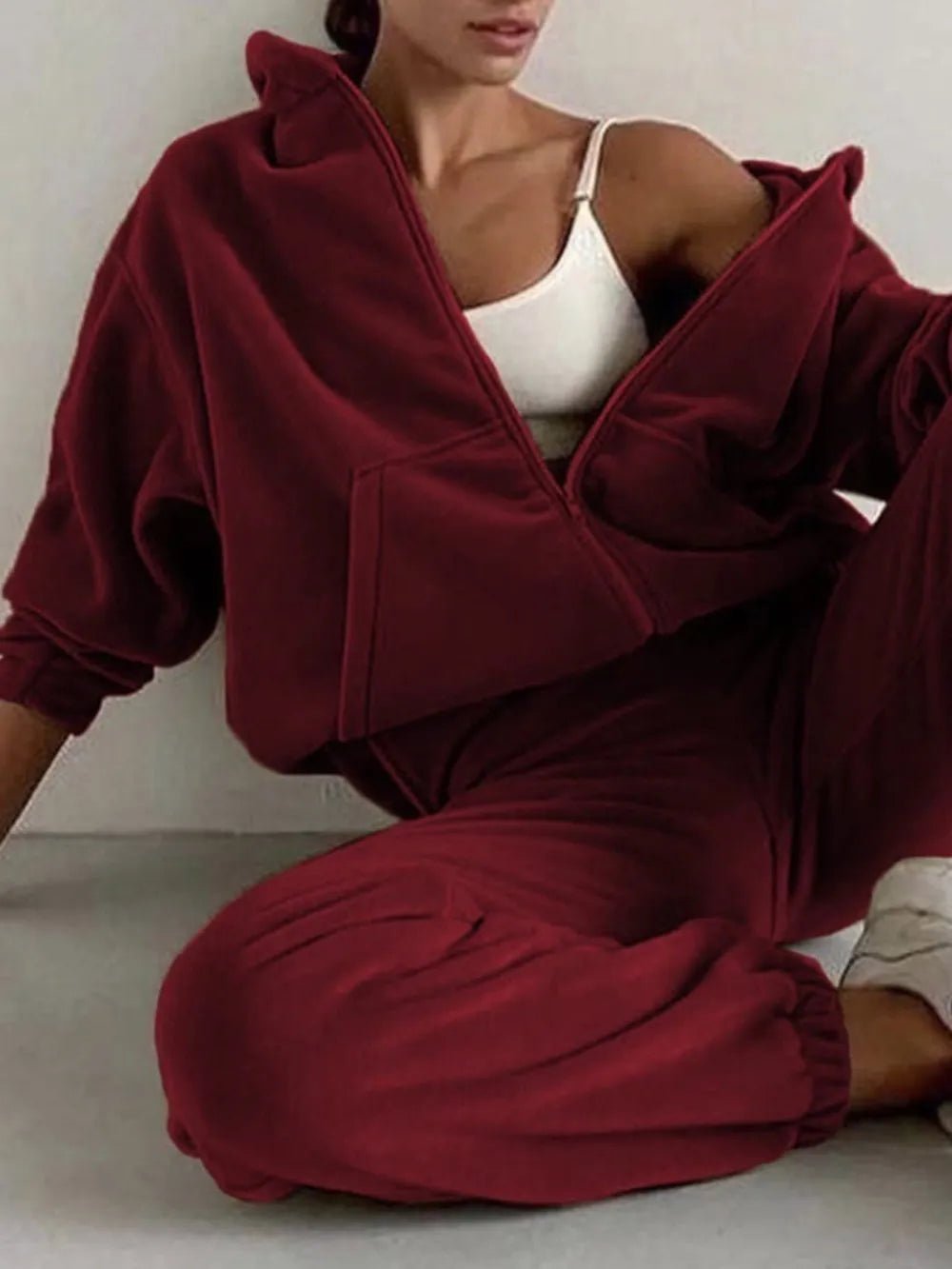 Zip Up Long Sleeve Hoodie and Joggers Set | CozyFits in Burgundy