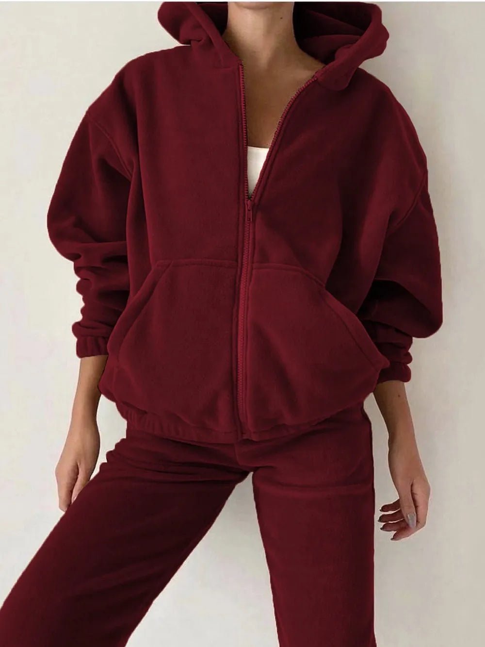 Zip Up Long Sleeve Hoodie and Joggers Set | CozyFits in Burgundy