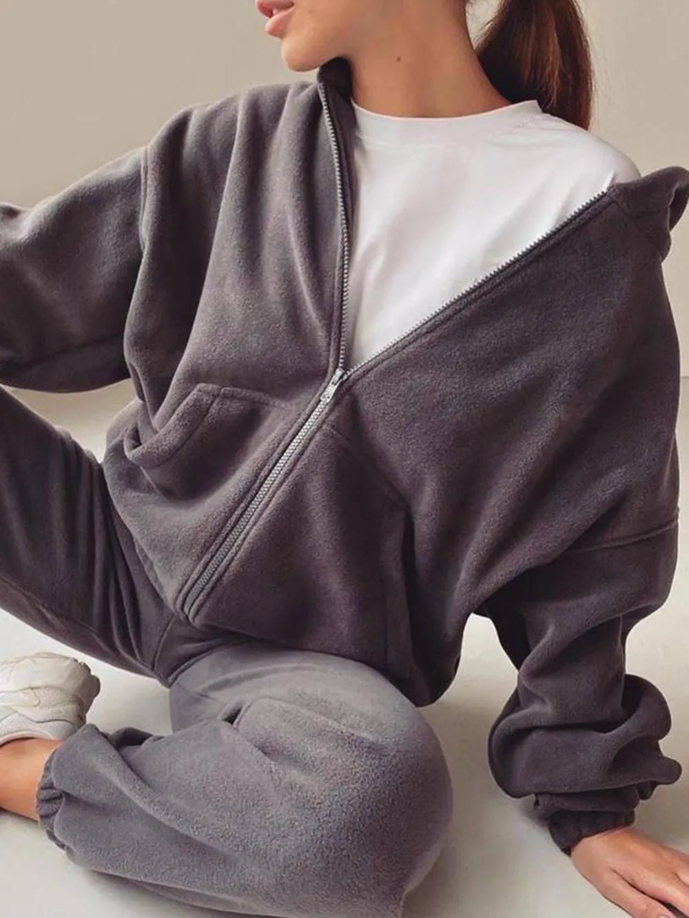 Zip Up Long Sleeve Hoodie and Joggers Set | CozyFits in Dark Gray