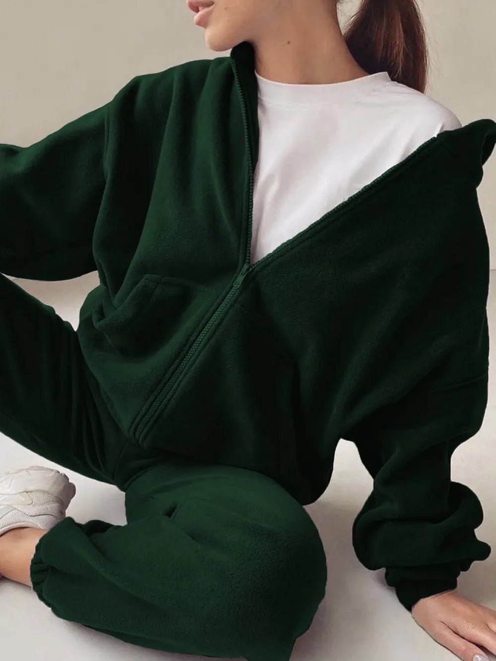 Zip Up Long Sleeve Hoodie and Joggers Set | CozyFits in Dark Green