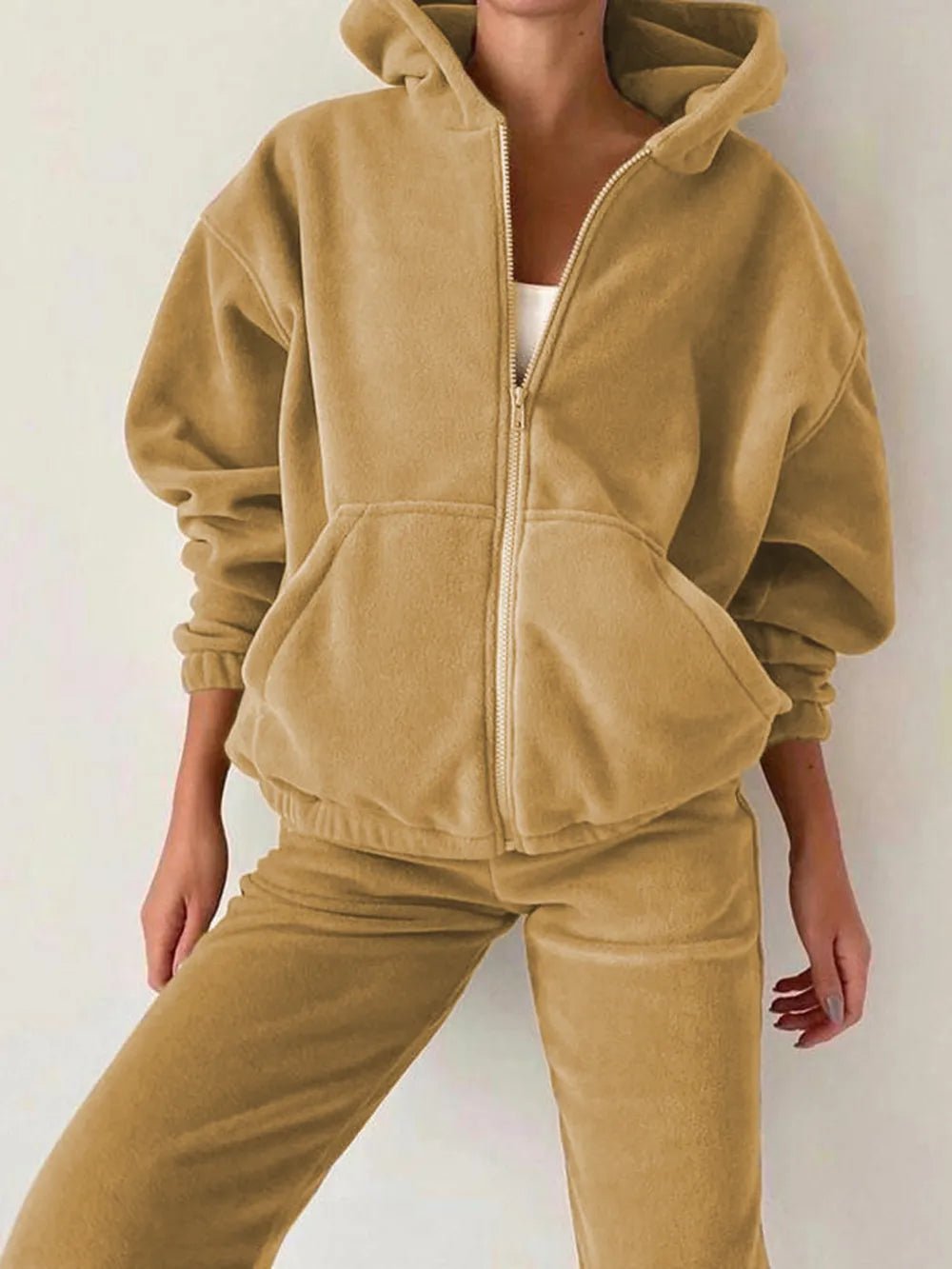 Zip Up Long Sleeve Hoodie and Joggers Set | CozyFits in Tan