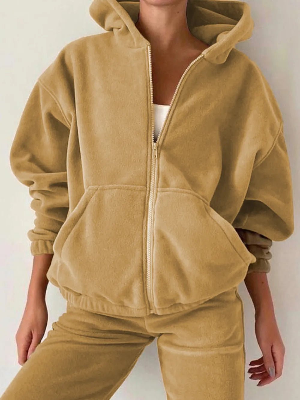 Zip Up Long Sleeve Hoodie and Joggers Set | CozyFits in Tan