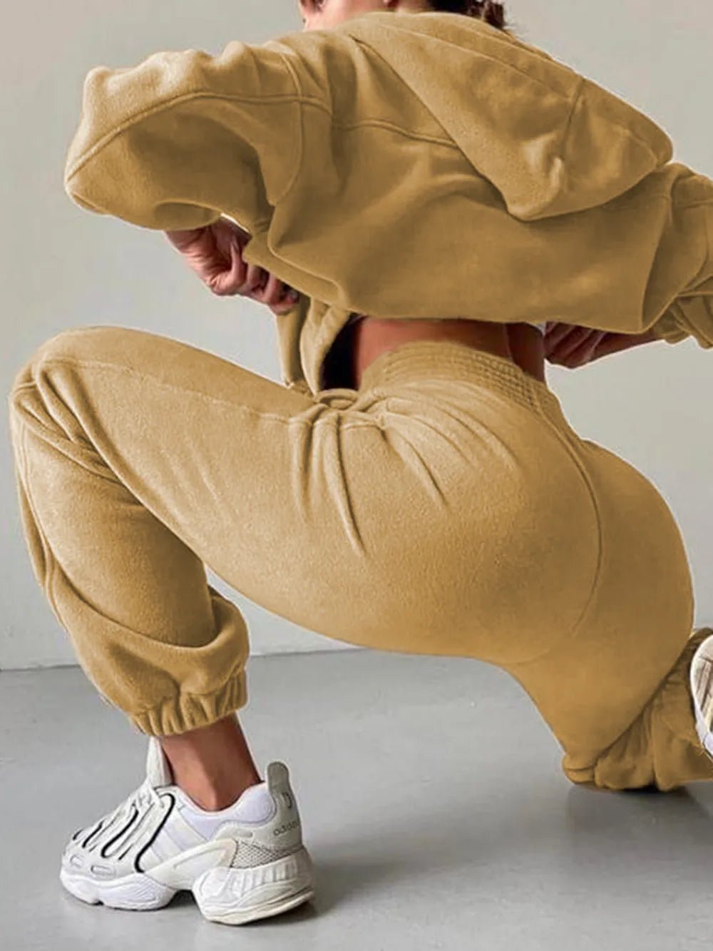 Zip Up Long Sleeve Hoodie and Joggers Set | CozyFits in Tan